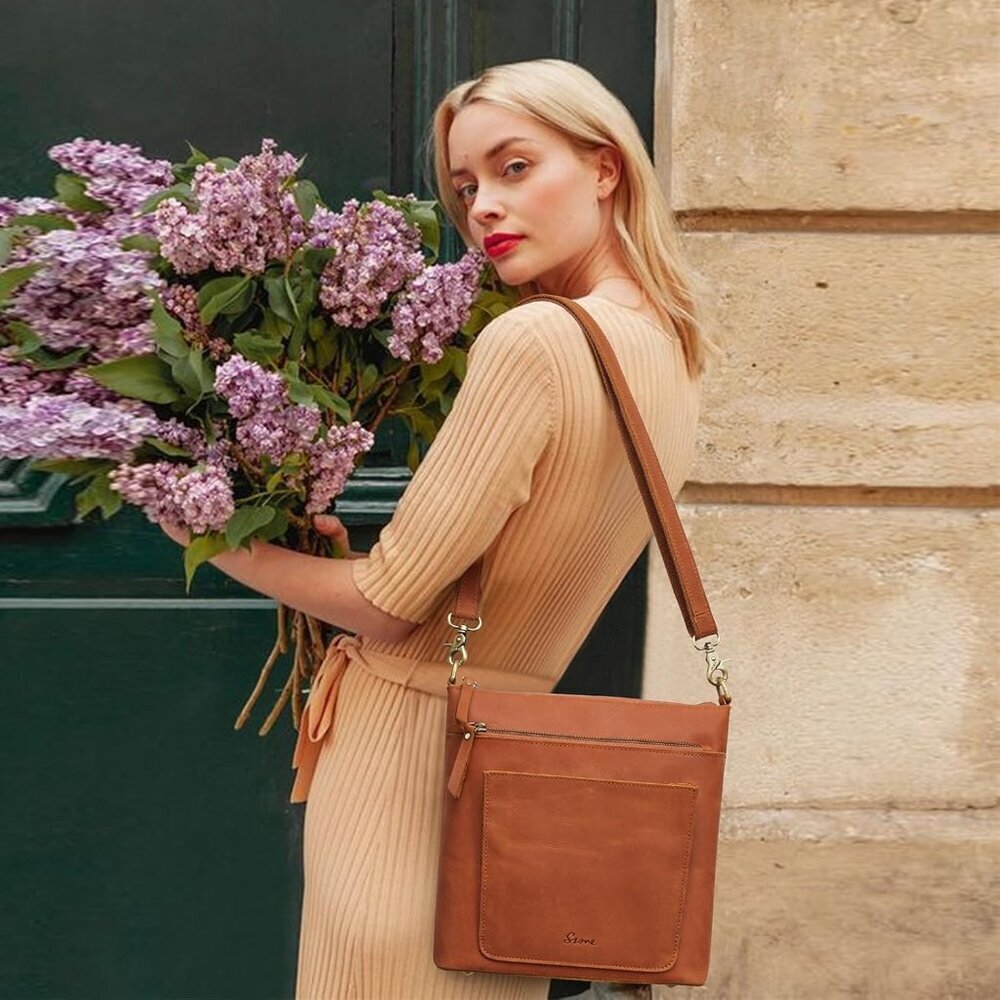 Leather Crossbody Bag for Women Medium Vintage Multi Pockets Travel Purse - Picture 3 of 8